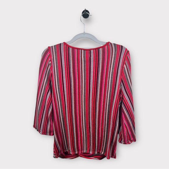 Ruby Rd Lipstick Red Shirt Top Large Metallic Stripe Twist Hem Stretch Pink - Picture 3 of 3